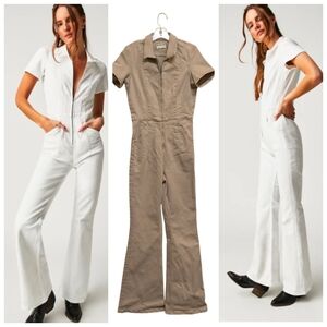 We The Free Short Sleeve Zip Jumpsuit in White and Taupe